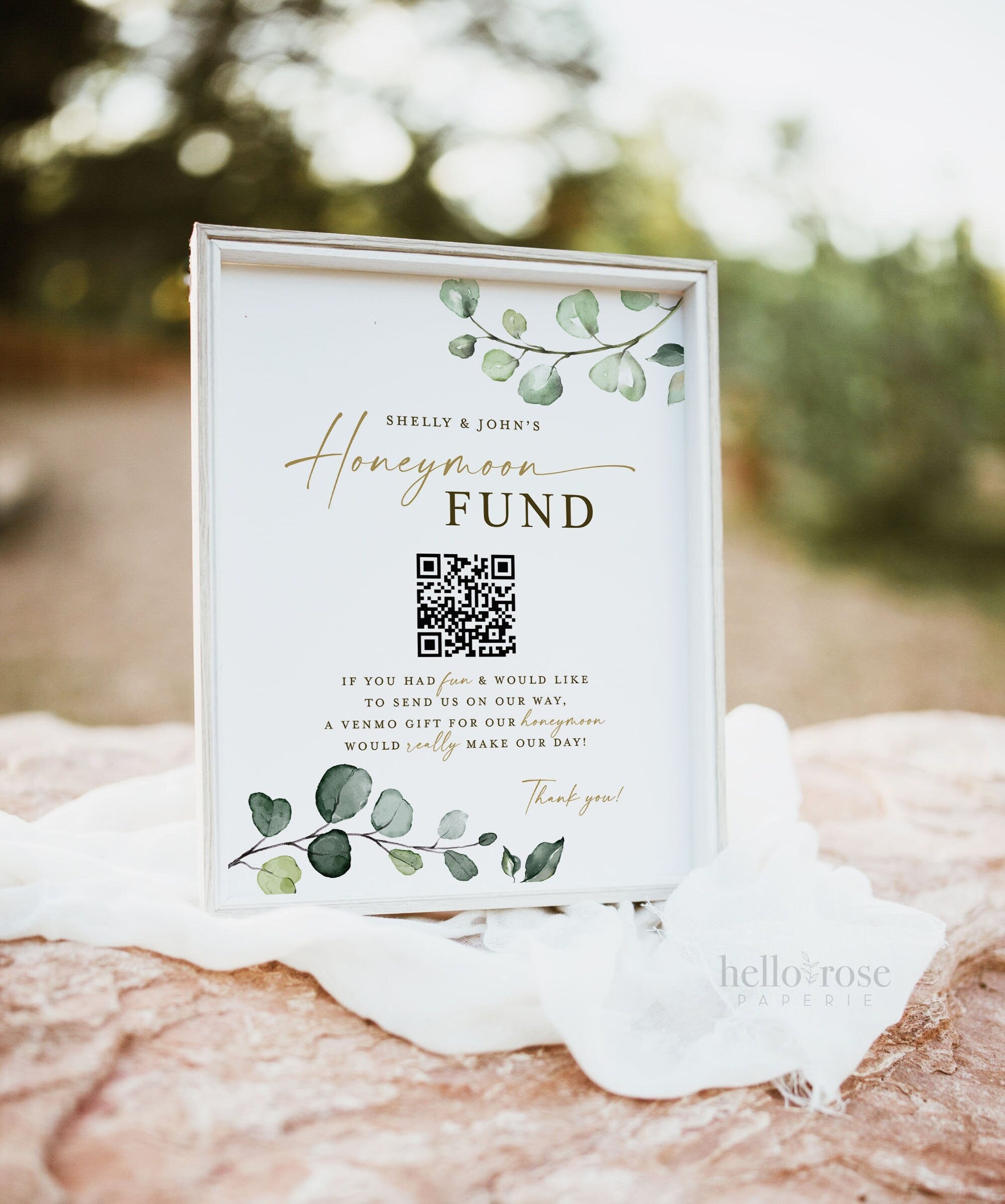 Honeymoon Fund QR Code Wedding Sign . Venmo Wedding Honeymoon Cash Gift Sign . Greenery and Gold . Personalized Printable Download . G2