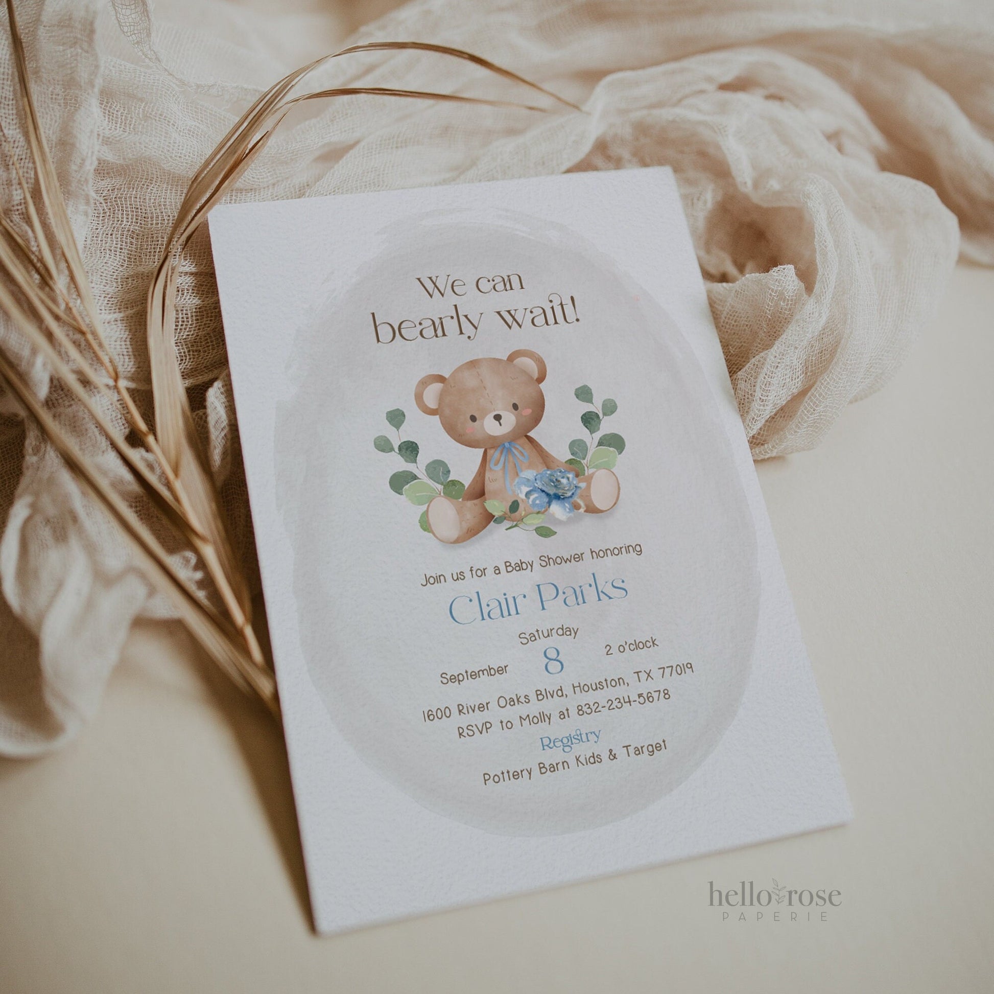 We Can Bearly Wait Baby Shower Printable Invitation . Teddy Bear Boy Baby Shower . Greenery and Floral Watercolor . Digital Download