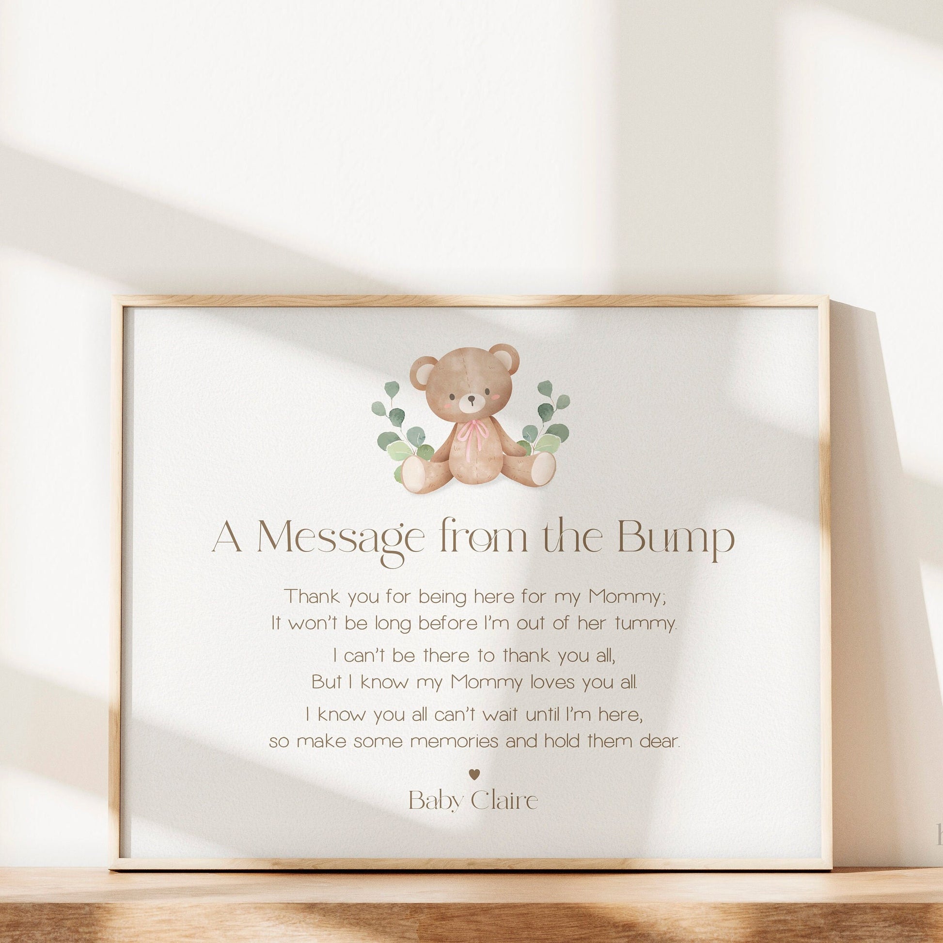A Message From the Bump PRINTABLE Teddy Bear Pink . Baby Shower Bump Sign . Message From Baby Girl . Can Bearly Wait . DIGITAL DOWNLOAD 8x10