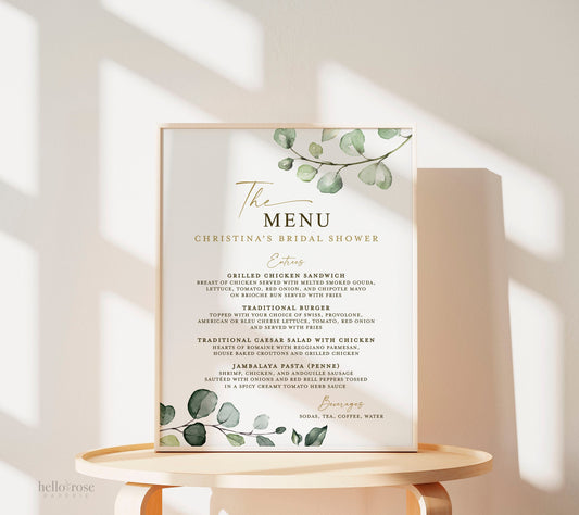 Bridal Shower Menu Personalized Printable . Greenery + Gold . Sprinkle, Bridal, Birthday, Engagement, Rehearsal Dinner . Digital Download