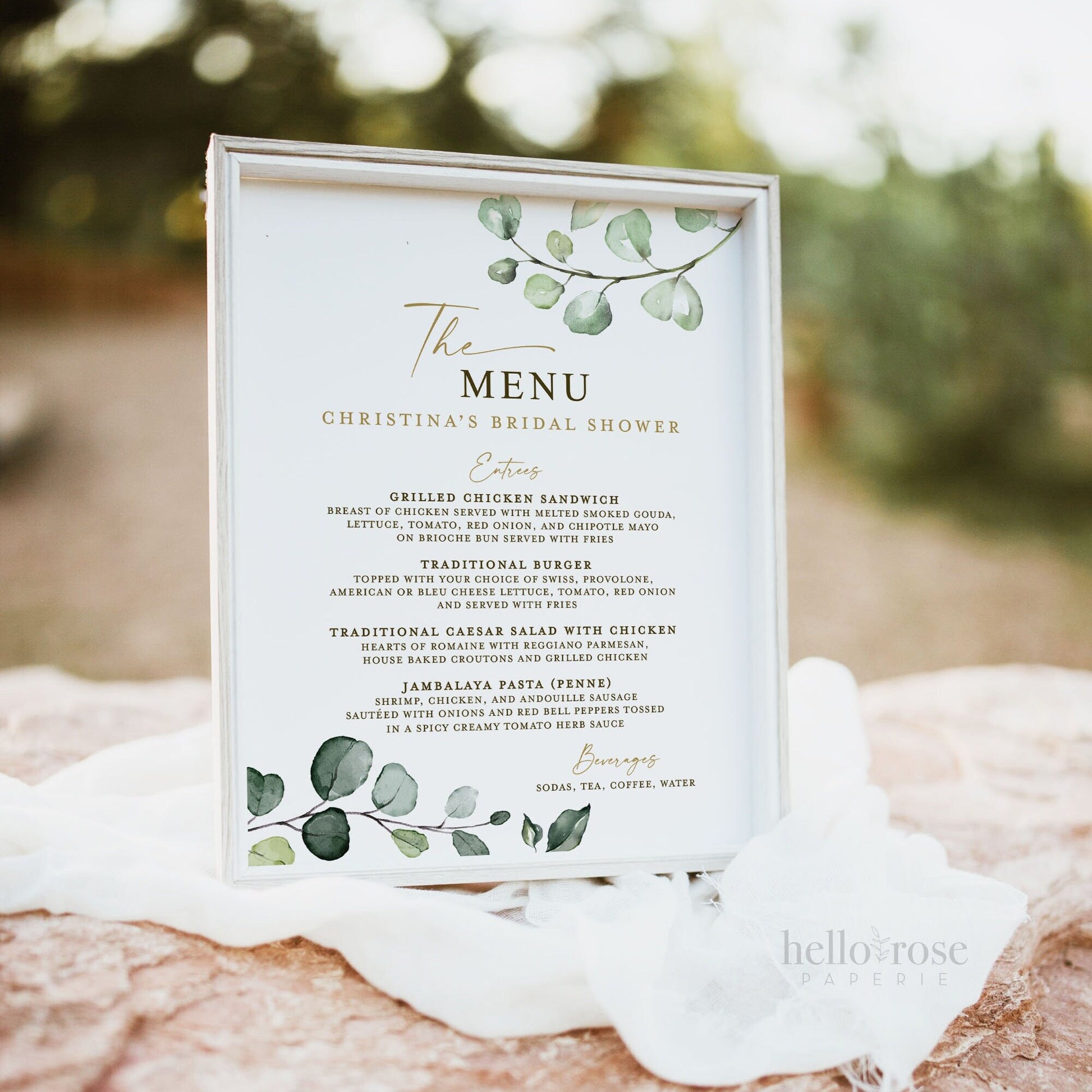 Bridal Shower Menu Personalized Printable . Greenery + Gold . Sprinkle, Bridal, Birthday, Engagement, Rehearsal Dinner . Digital Download