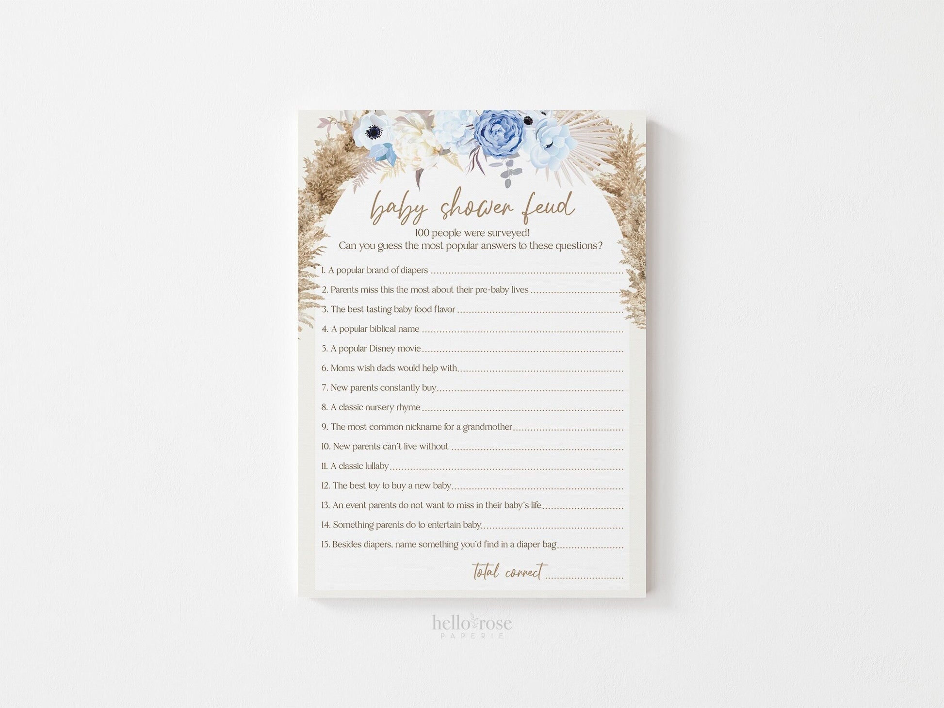 Baby Shower Feud Printable Baby Shower Game . Dusty Blue Pampas Grass . Boho Blue Floral Baby Shower Boy . Instant Download
