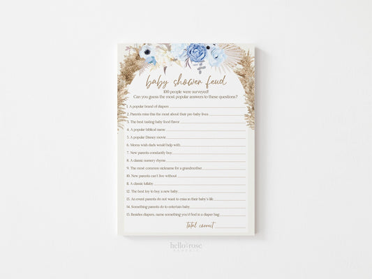 Baby Shower Feud Printable Baby Shower Game . Dusty Blue Pampas Grass . Boho Blue Floral Baby Shower Boy . Instant Download
