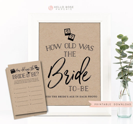 How Old was the Bride to Be Game Sign + Cards . Bridal Shower . Bachelorette Hens Party . Kraft + Black White . Instant Download Printable