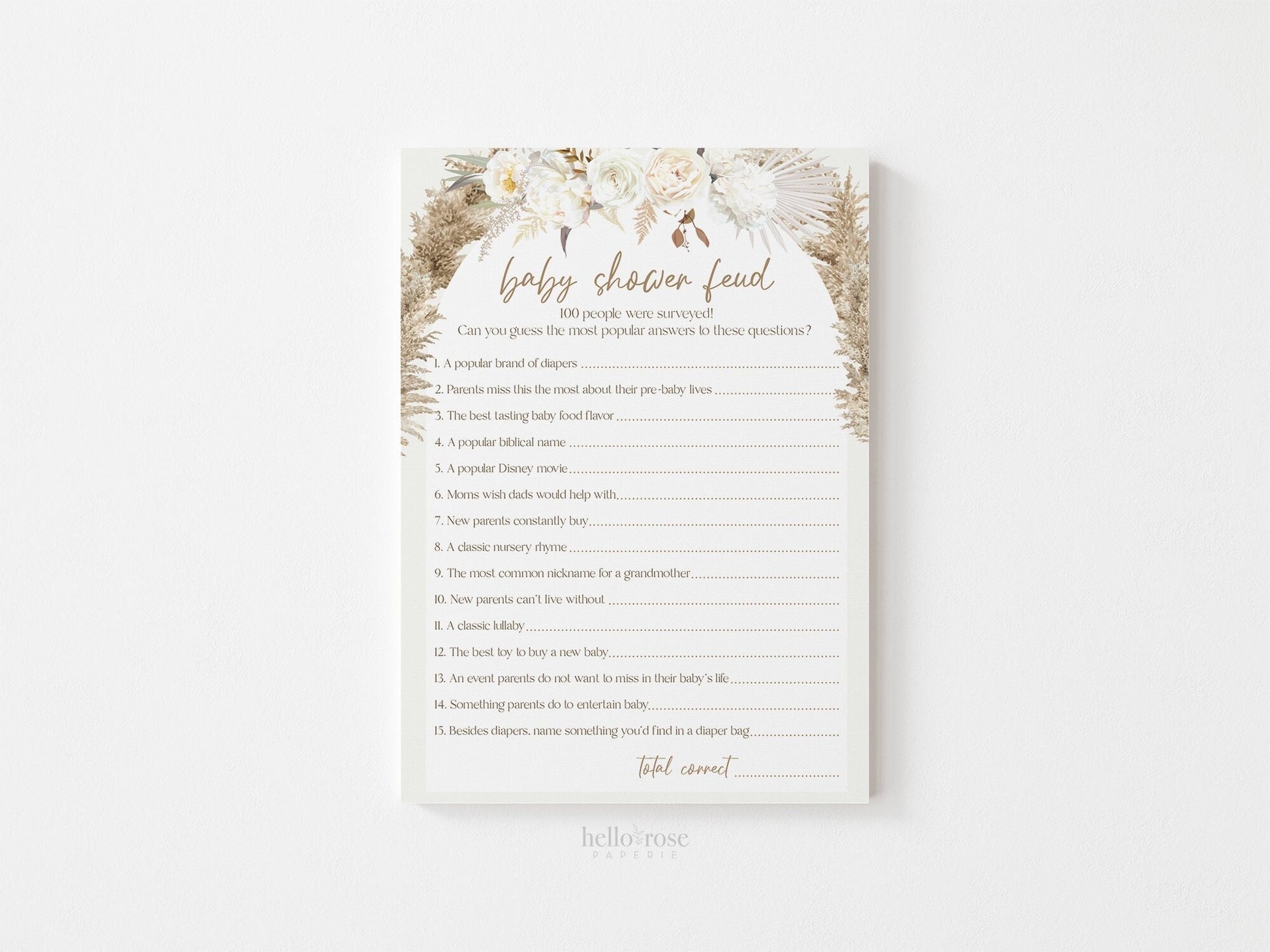 Baby Shower Feud Printable Baby Shower Game . White Cream Beige Pampas Grass . Boho Floral Baby Shower Girl Boy Neutral . Instant Download