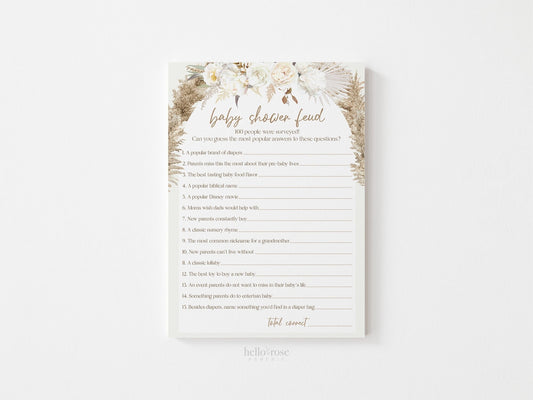 Baby Shower Feud Printable Baby Shower Game . White Cream Beige Pampas Grass . Boho Floral Baby Shower Girl Boy Neutral . Instant Download