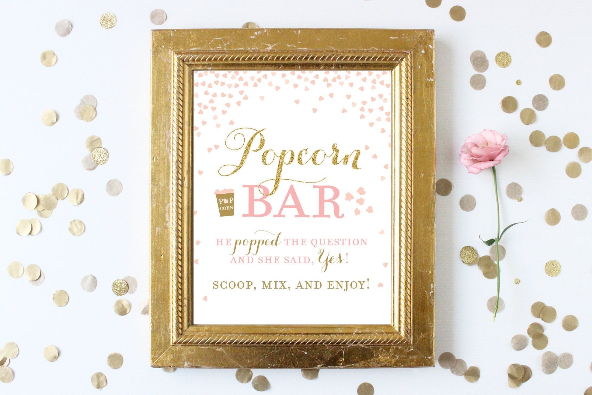 Popcorn Bar Sign . Printable Instant Download Popcorn Bar . Pink and Gold Sign . Bridal Shower Wedding Sign . He Popped the Question 8x10