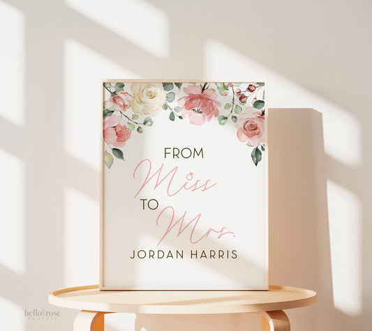 Personalized Miss to Mrs . Floral Roses Greenery Watercolor . Bridal Wedding Shower Bachelorette Hens Party . Printable Download