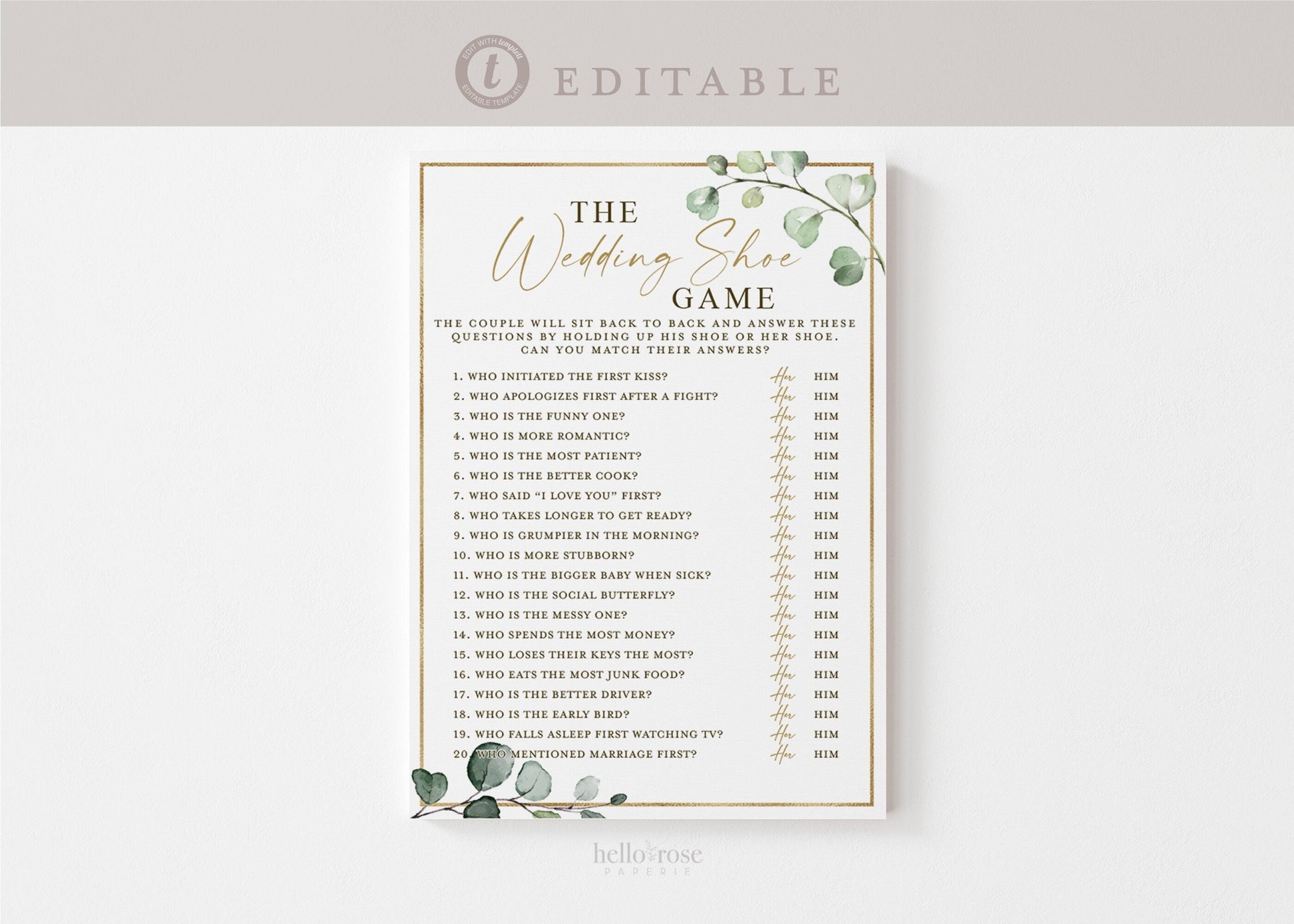 The Wedding Shoe Game Bridal Shower Reception Rehearsal Game . Greenery + Gold . PRINTABLE Editable Template Instant Download Templett G2-T