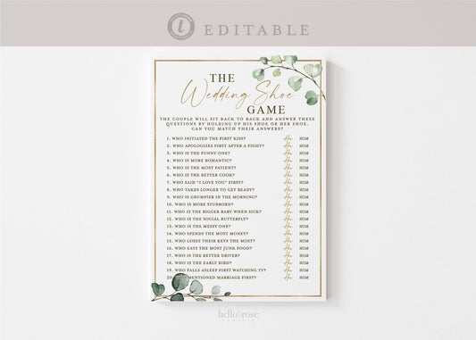 The Wedding Shoe Game Bridal Shower Reception Rehearsal Game . Greenery + Gold . PRINTABLE Editable Template Instant Download Templett G2-T