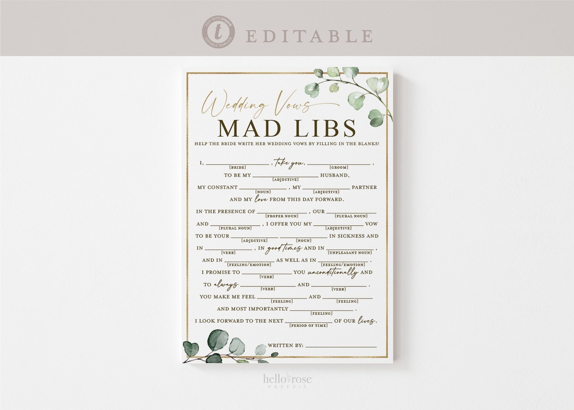 Wedding Vows Mad Libs Game . Personalized Reception Games . Greenery + Gold . PRINTABLE Editable Template Instant Download Templett G2-T
