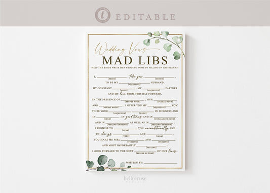 Wedding Vows Mad Libs Game . Personalized Reception Games . Greenery + Gold . PRINTABLE Editable Template Instant Download Templett G2-T