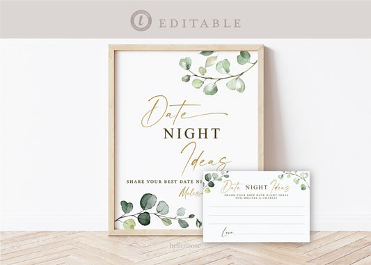 Date Night Ideas for the Couple . Bridal Shower Wedding Game . Greenery + Gold . PRINTABLE Editable Template Instant Download Templett G2-T