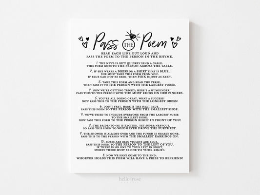 Pass the Poem Bridal Shower Printable Game . Bachelorette Hens Party . Wedding . Kraft + Minimalist Black & White . Instant Download PDF K4