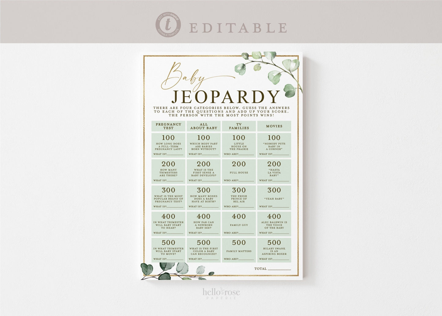 Baby Jeopardy Printable Game . Gender Neutral Baby Shower Greenery and Gold . PRINTABLE Editable Template . Instant Download Templett G2-T