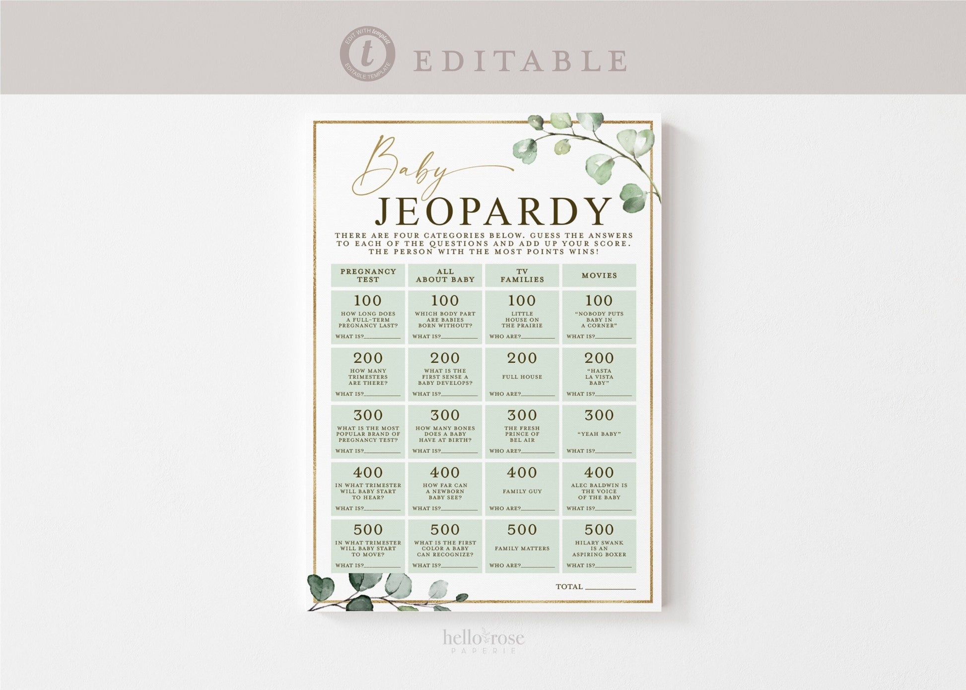 Baby Jeopardy Printable Game . Gender Neutral Baby Shower Greenery and Gold . PRINTABLE Editable Template . Instant Download Templett G2-T