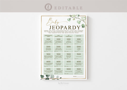 Baby Jeopardy Printable Game . Gender Neutral Baby Shower Greenery and Gold . PRINTABLE Editable Template . Instant Download Templett G2-T
