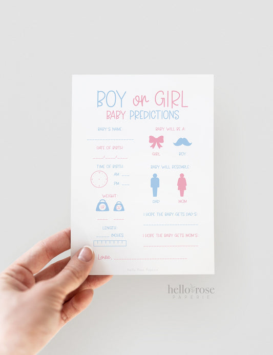 Gender Reveal Predictions Game Card . What Will Baby Be Boy or Girl Twins . Pink and Blue . Minimalist . Printable Instant Download K4