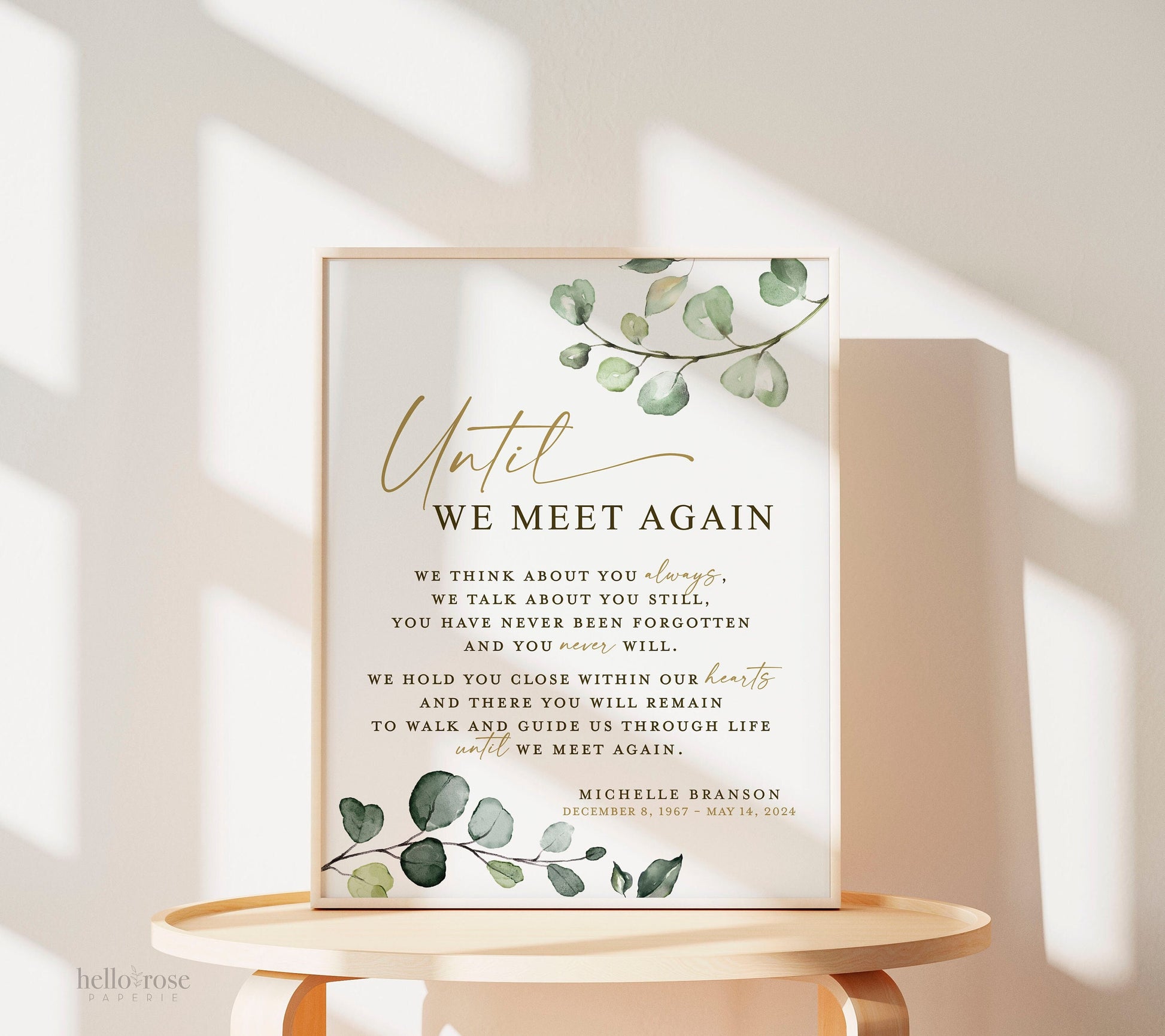 Until We Meet Again PERSONALIZED Memorial Printable Sign . In Loving Memory Wedding Memorial Photo Table Sign . Greenery and Gold G2