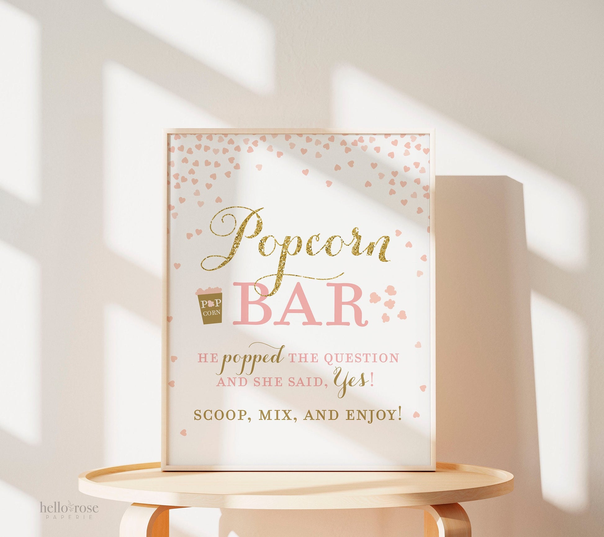 Popcorn Bar Sign . Printable Instant Download Popcorn Bar . Pink and Gold Sign . Bridal Shower Wedding Sign . He Popped the Question 8x10