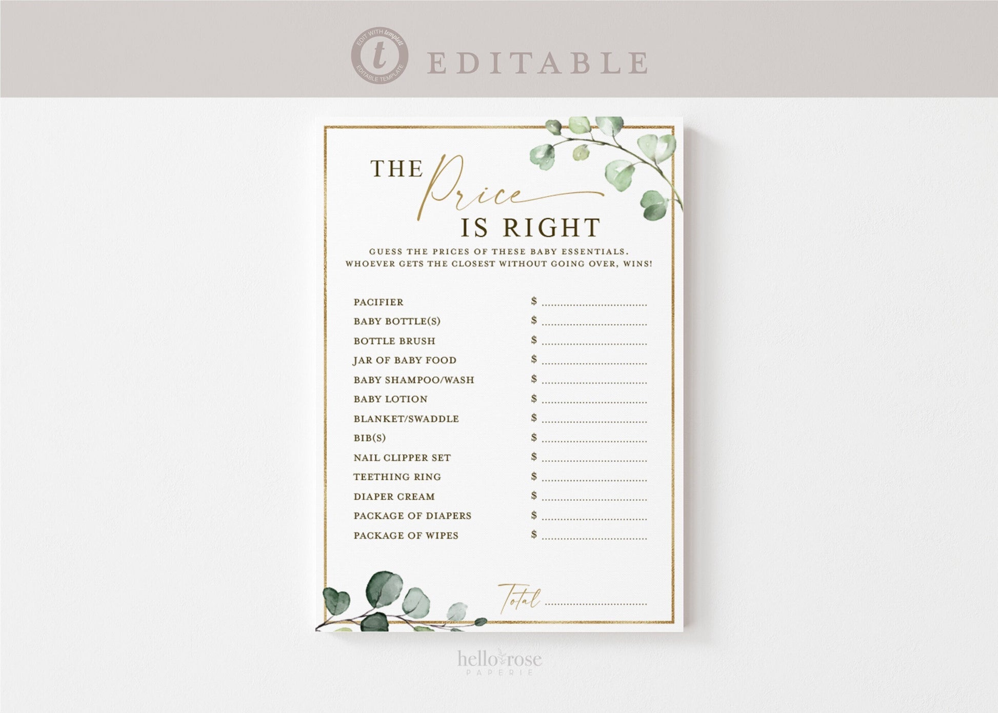 Price is Right Baby Shower Editable Printable Game . Gender Neutral Greenery and Gold . PRINTABLE Template . Instant Download Templett G2-T