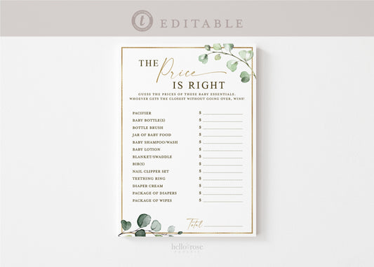 Price is Right Baby Shower Editable Printable Game . Gender Neutral Greenery and Gold . PRINTABLE Template . Instant Download Templett G2-T
