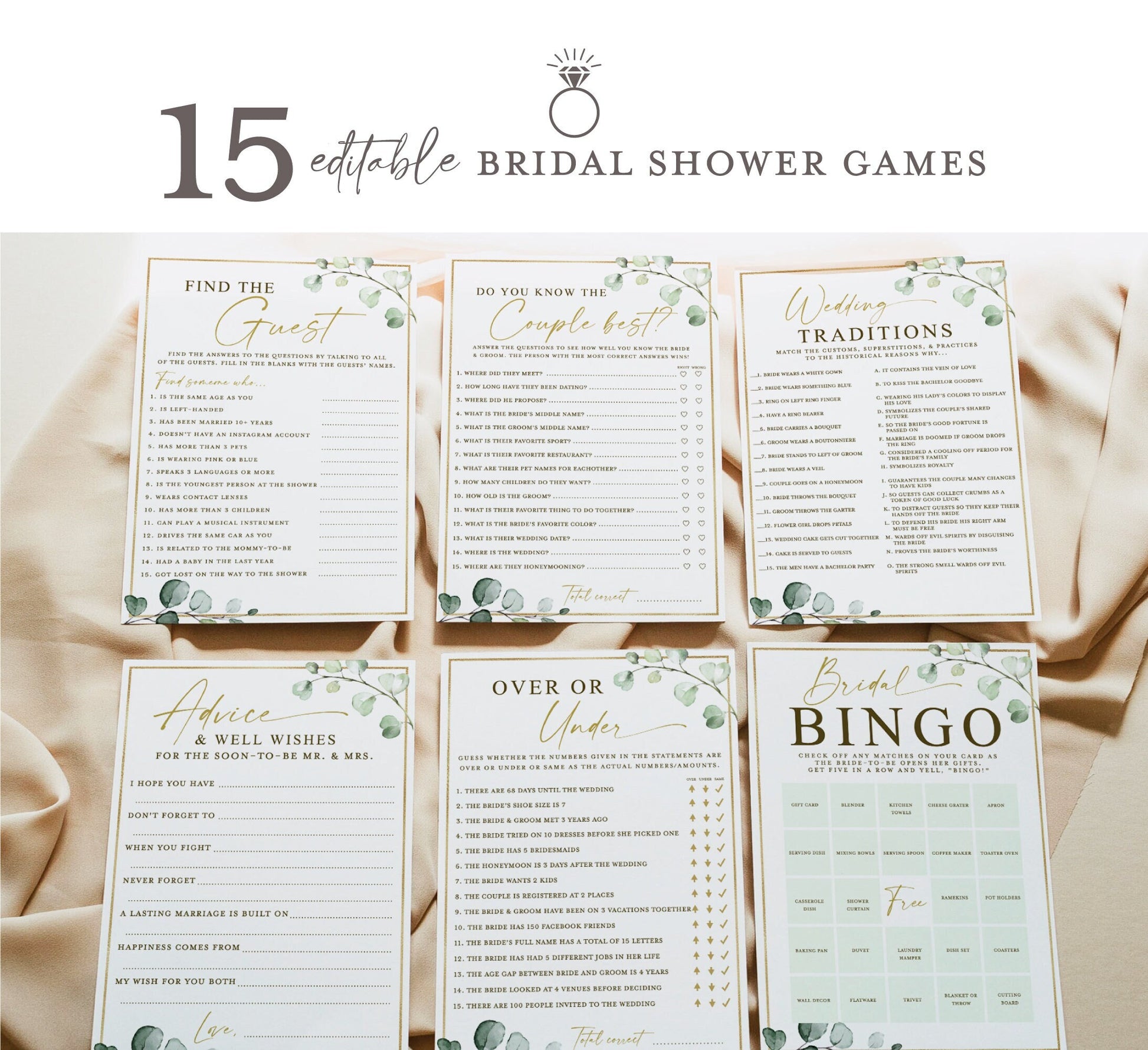 Bridal Shower Game Bundle . 15 Editable Printable Games . Greenery + Gold Best Sellers . Editable Template . Instant Download . Templett G2