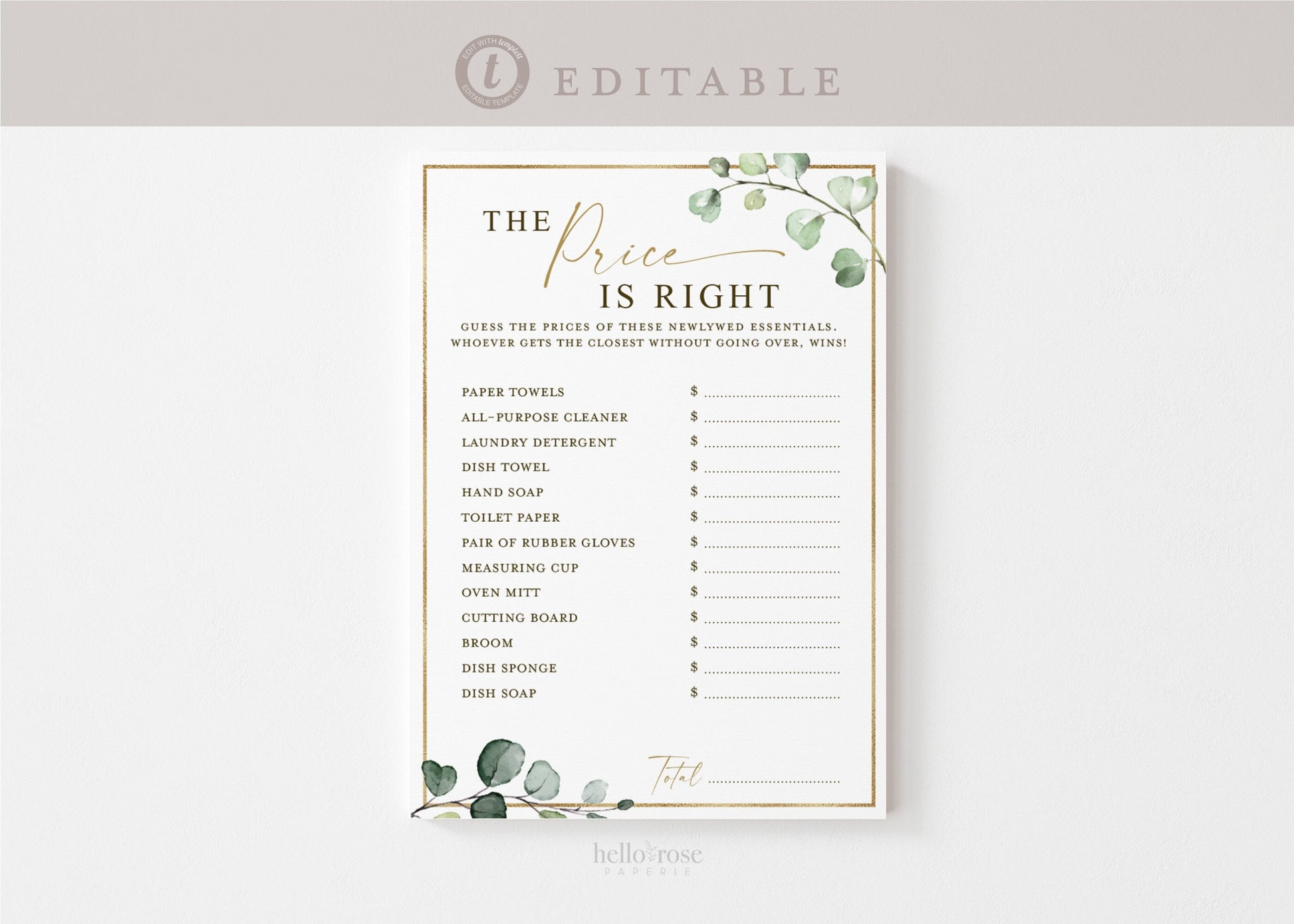 The Price is Right Bridal Shower Editable Printable Game . Greenery and Gold . PRINTABLE Template . Instant Download Templett G2-T