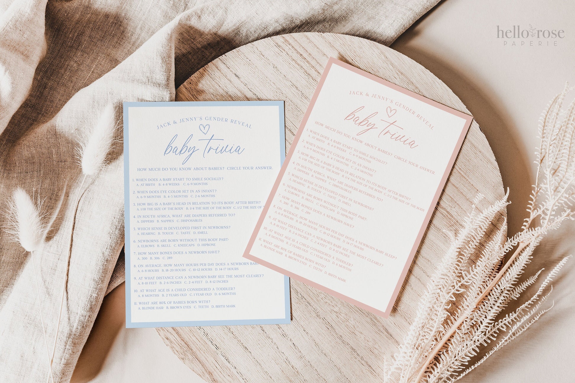 Baby Trivia Baby Shower Gender Reveal Game . Boy Girl Neutral Boho . PRINTABLE Editable Template Instant Download Templett GR-T
