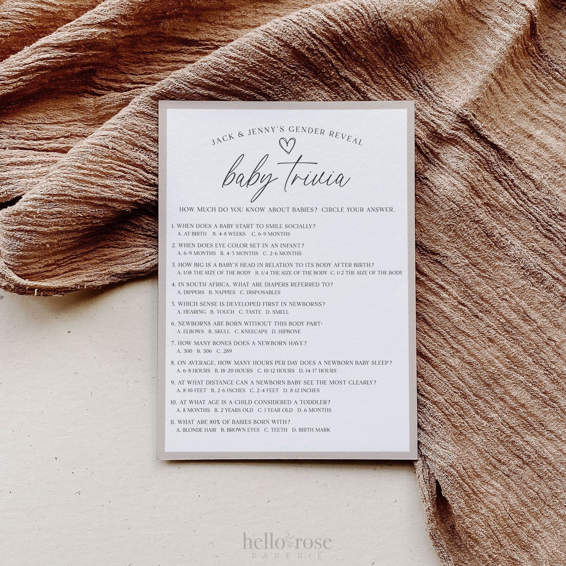 Baby Trivia Baby Shower Gender Reveal Game . Boy Girl Neutral Boho . PRINTABLE Editable Template Instant Download Templett GR-T