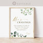 Mommy's Cravings Baby Shower Sign . Cravings Station . Greenery and Gold . Baby Shower Table Sign. Template Instant Download Templett G2-T