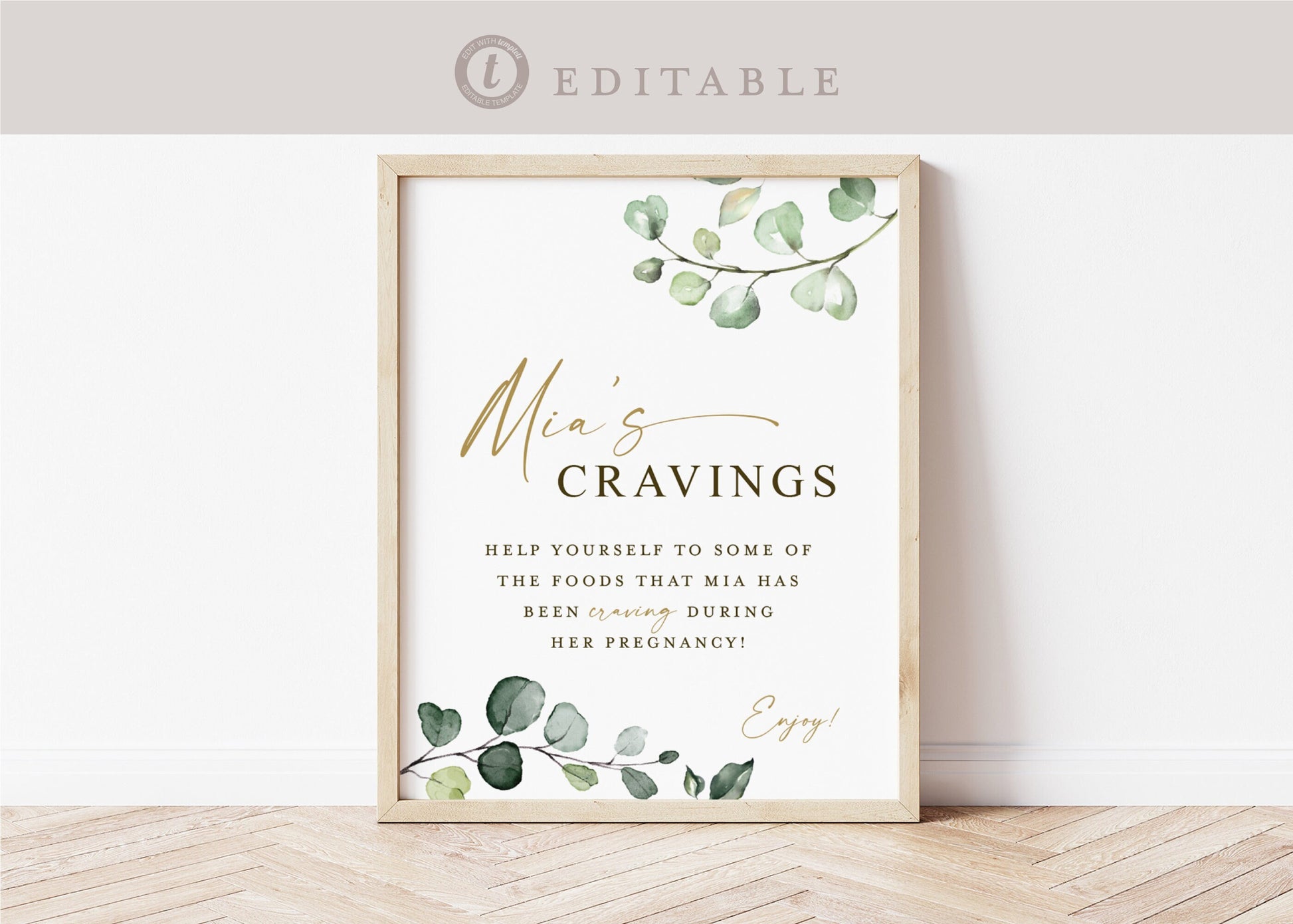 Mommy's Cravings Baby Shower Sign . Cravings Station . Greenery and Gold . Baby Shower Table Sign. Template Instant Download Templett G2-T