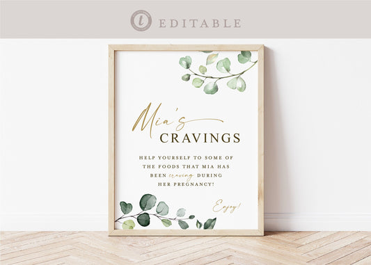 Mommy's Cravings Baby Shower Sign . Cravings Station . Greenery and Gold . Baby Shower Table Sign. Template Instant Download Templett G2-T