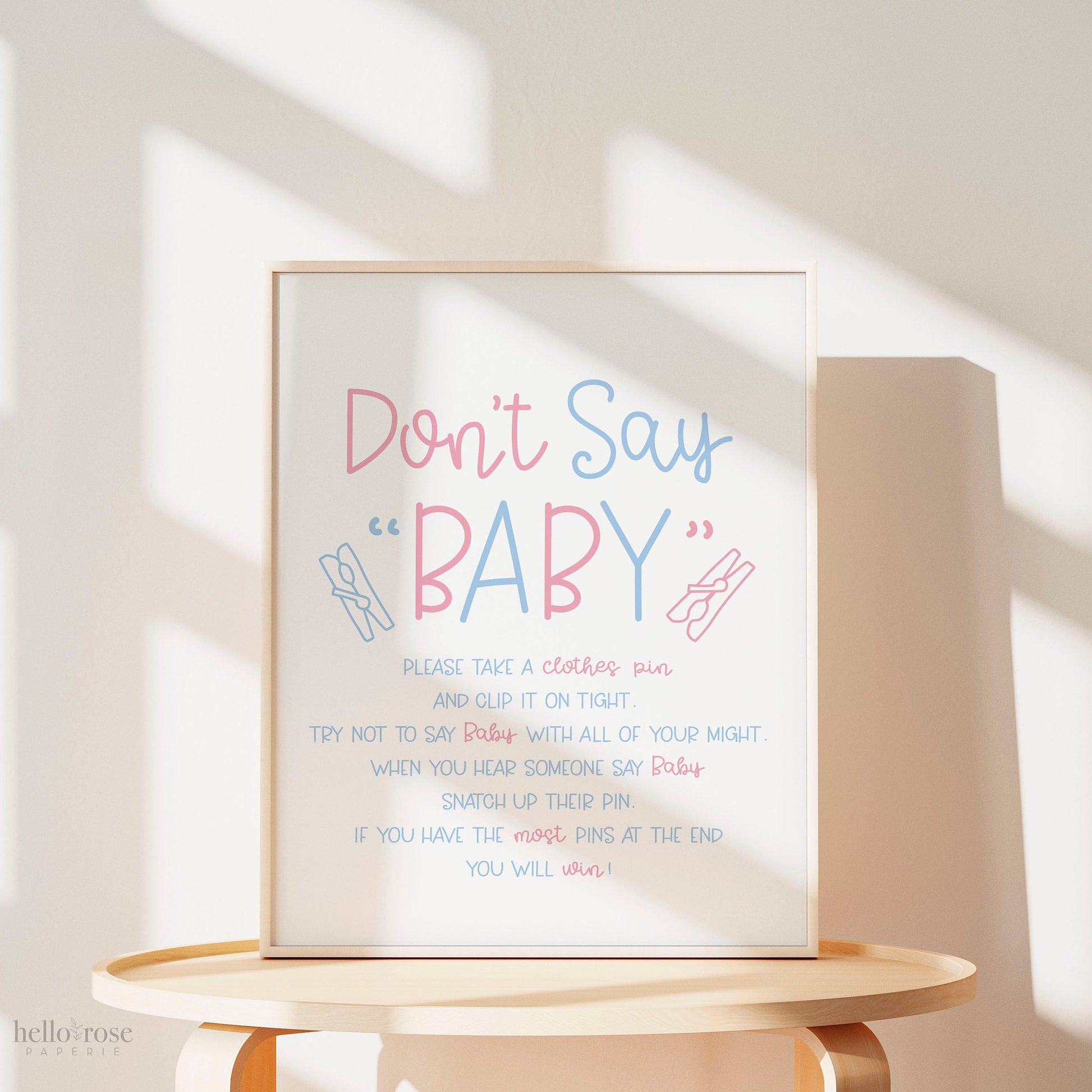 Don't Say Baby Clothespin Gender Reveal Game Sign . Baby Shower Girl Boy Twins . Pink and Blue . Minimalist . Printable Instant Download K4