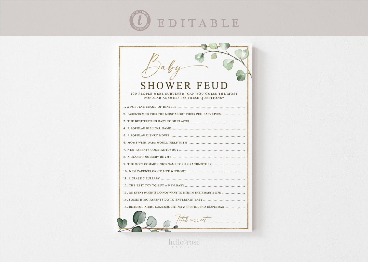Baby Shower Feud Printable Game . Gender Neutral Greenery and Gold . PRINTABLE Editable Template . Instant Download Templett G2-T