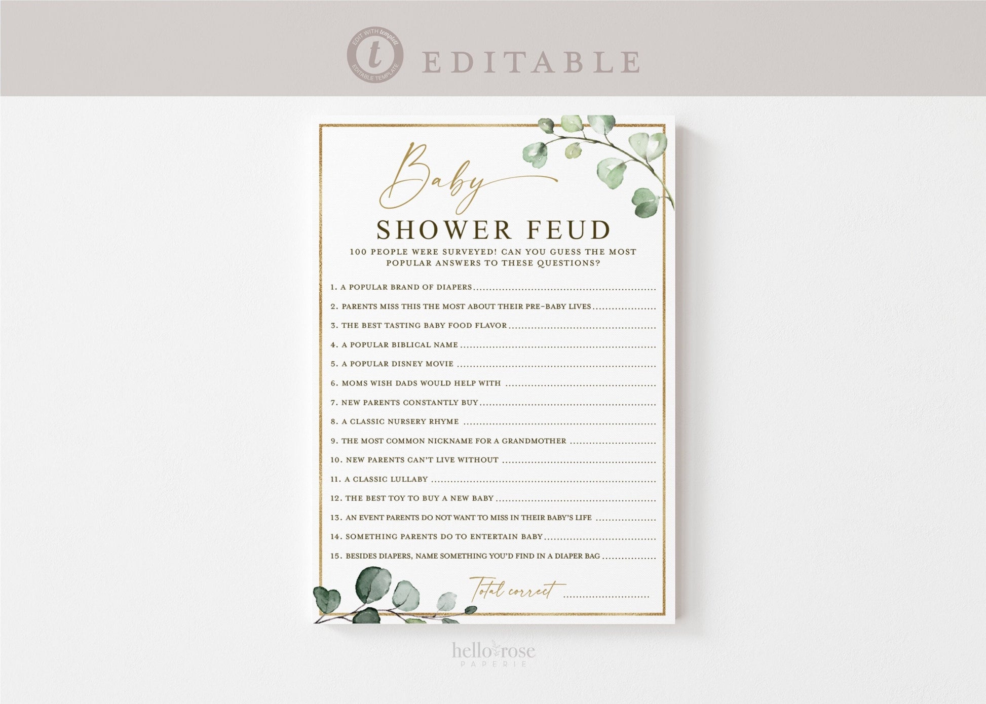 Baby Shower Feud Printable Game . Gender Neutral Greenery and Gold . PRINTABLE Editable Template . Instant Download Templett G2-T