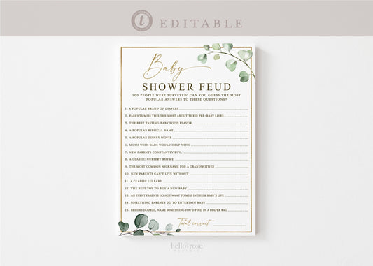 Baby Shower Feud Printable Game . Gender Neutral Greenery and Gold . PRINTABLE Editable Template . Instant Download Templett G2-T