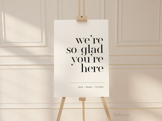 We're So Glad You're Here Wedding Welcome Sign . Minimalist Wedding Welcome Template . PRINTABLE Editable Poster . Instant Download Templett