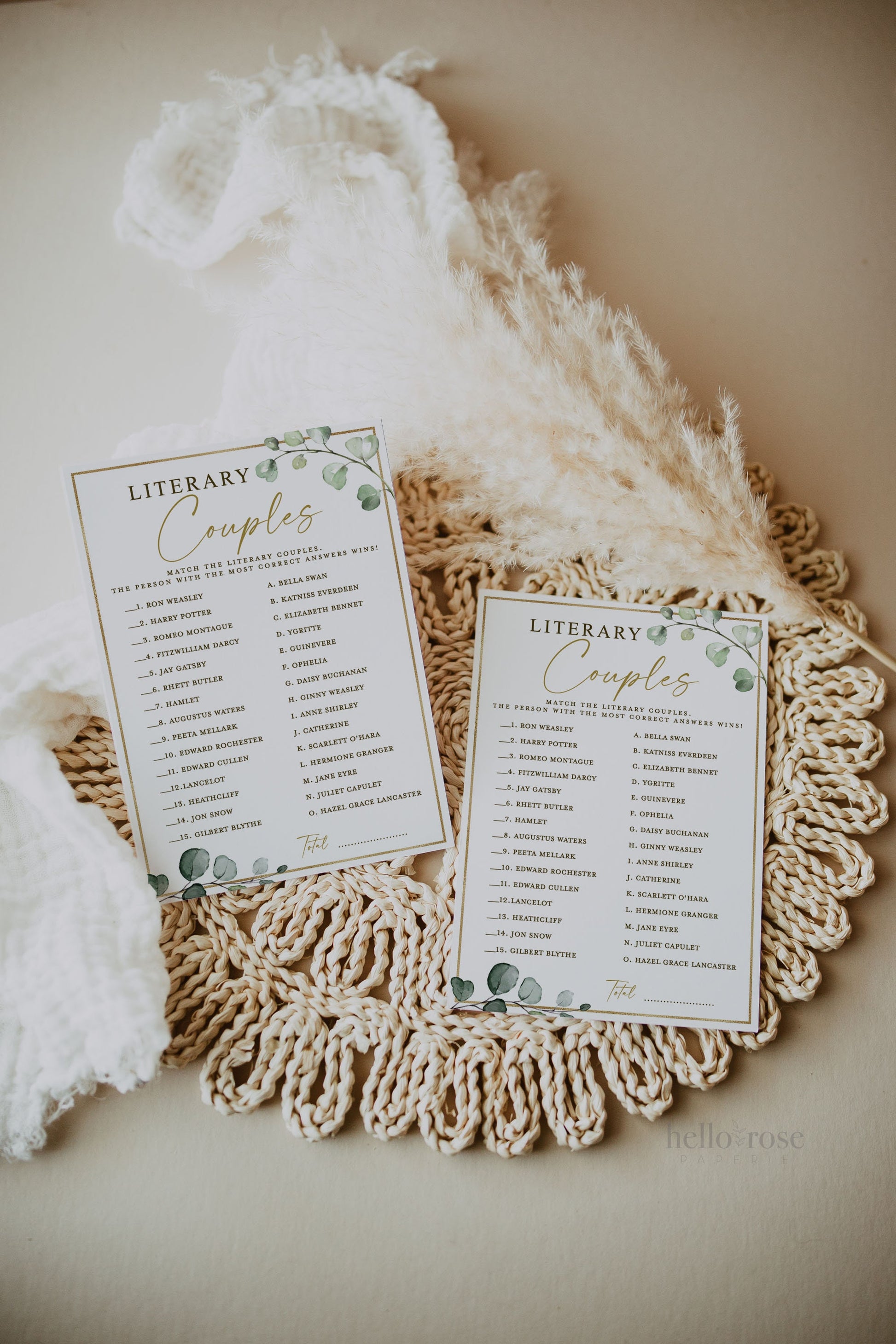 Literary Couples Bridal Shower Game with Answer Key . Greenery and Gold . PRINTABLE Editable Template Instant Download Templett G2-T