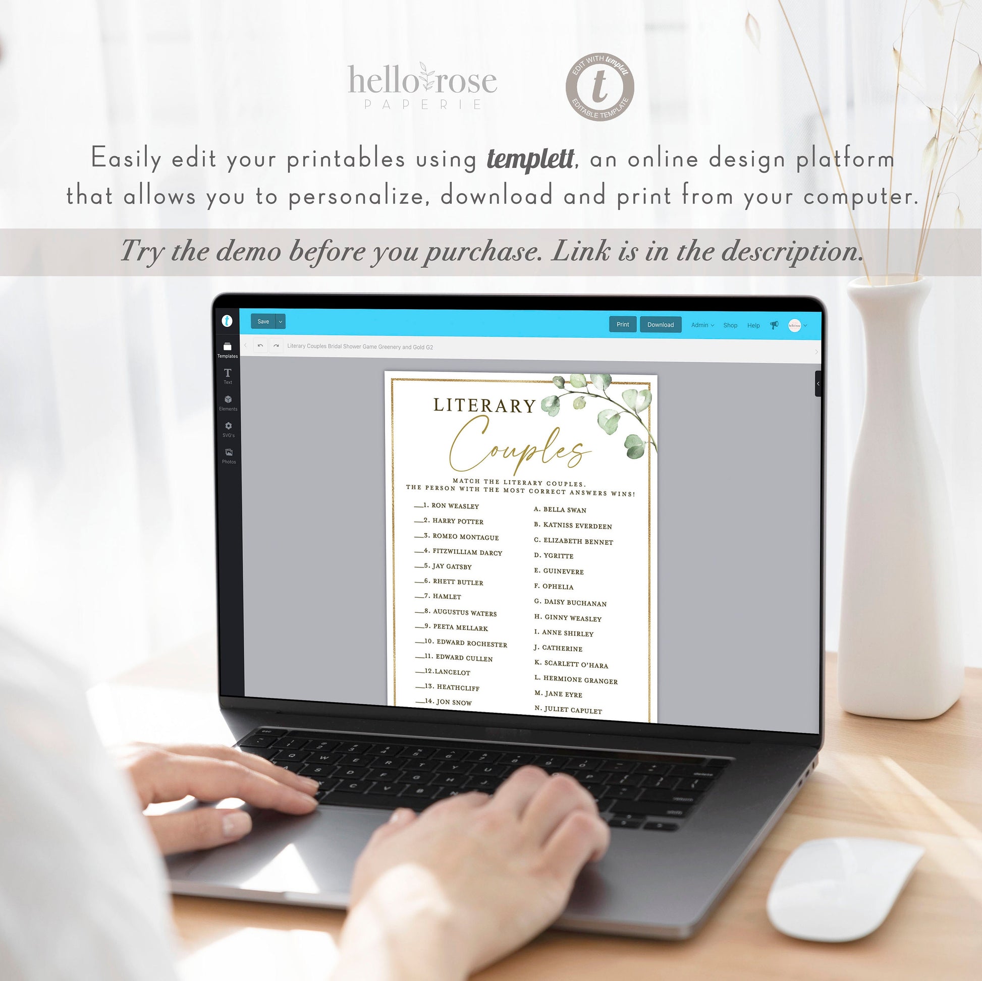 Literary Couples Bridal Shower Game with Answer Key . Greenery and Gold . PRINTABLE Editable Template Instant Download Templett G2-T