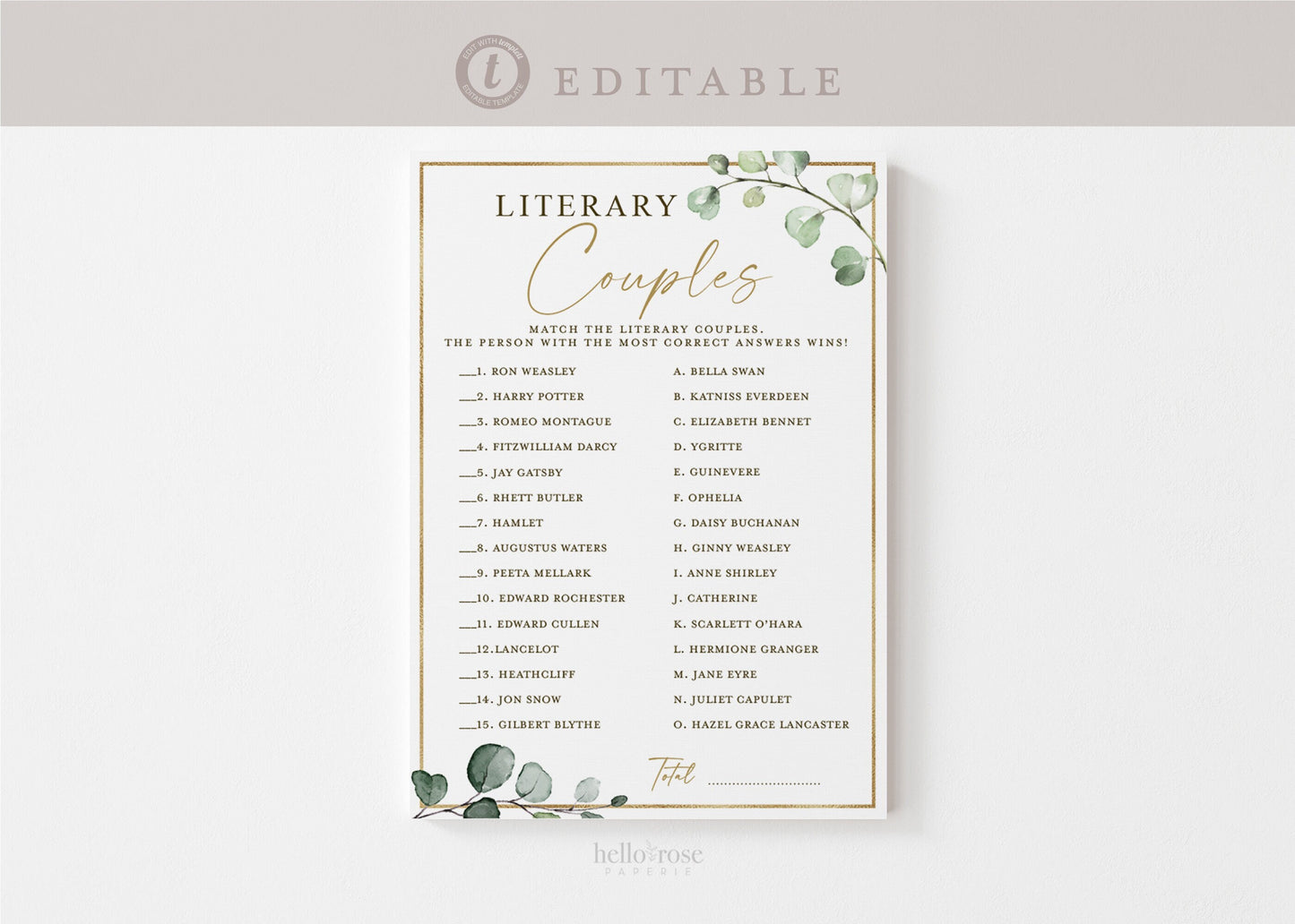 Literary Couples Bridal Shower Game with Answer Key . Greenery and Gold . PRINTABLE Editable Template Instant Download Templett G2-T