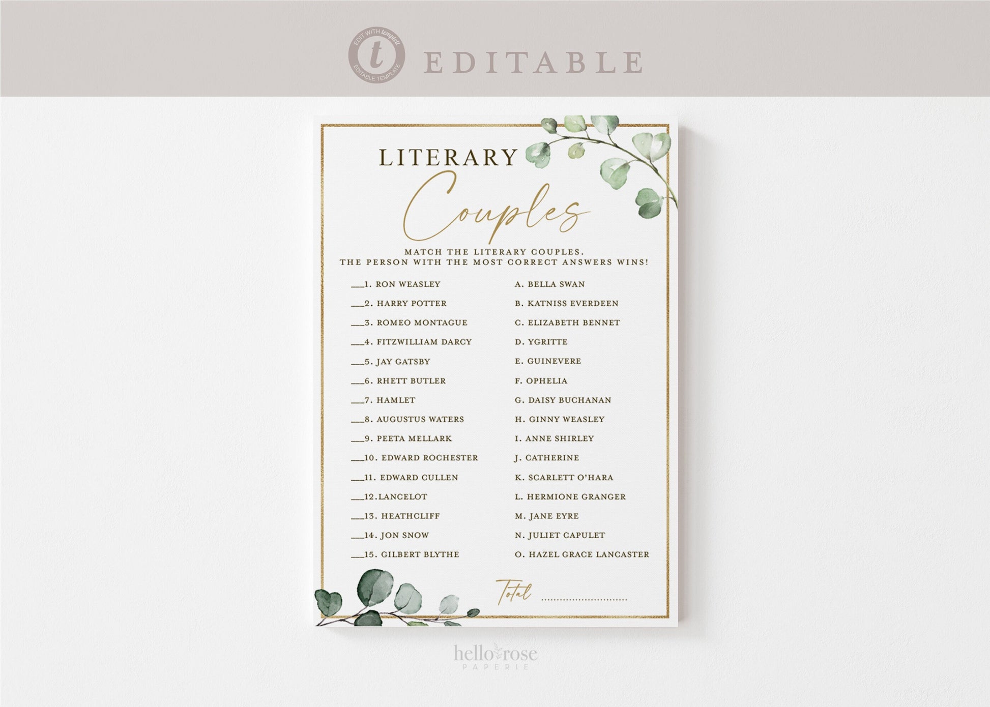 Literary Couples Bridal Shower Game with Answer Key . Greenery and Gold . PRINTABLE Editable Template Instant Download Templett G2-T
