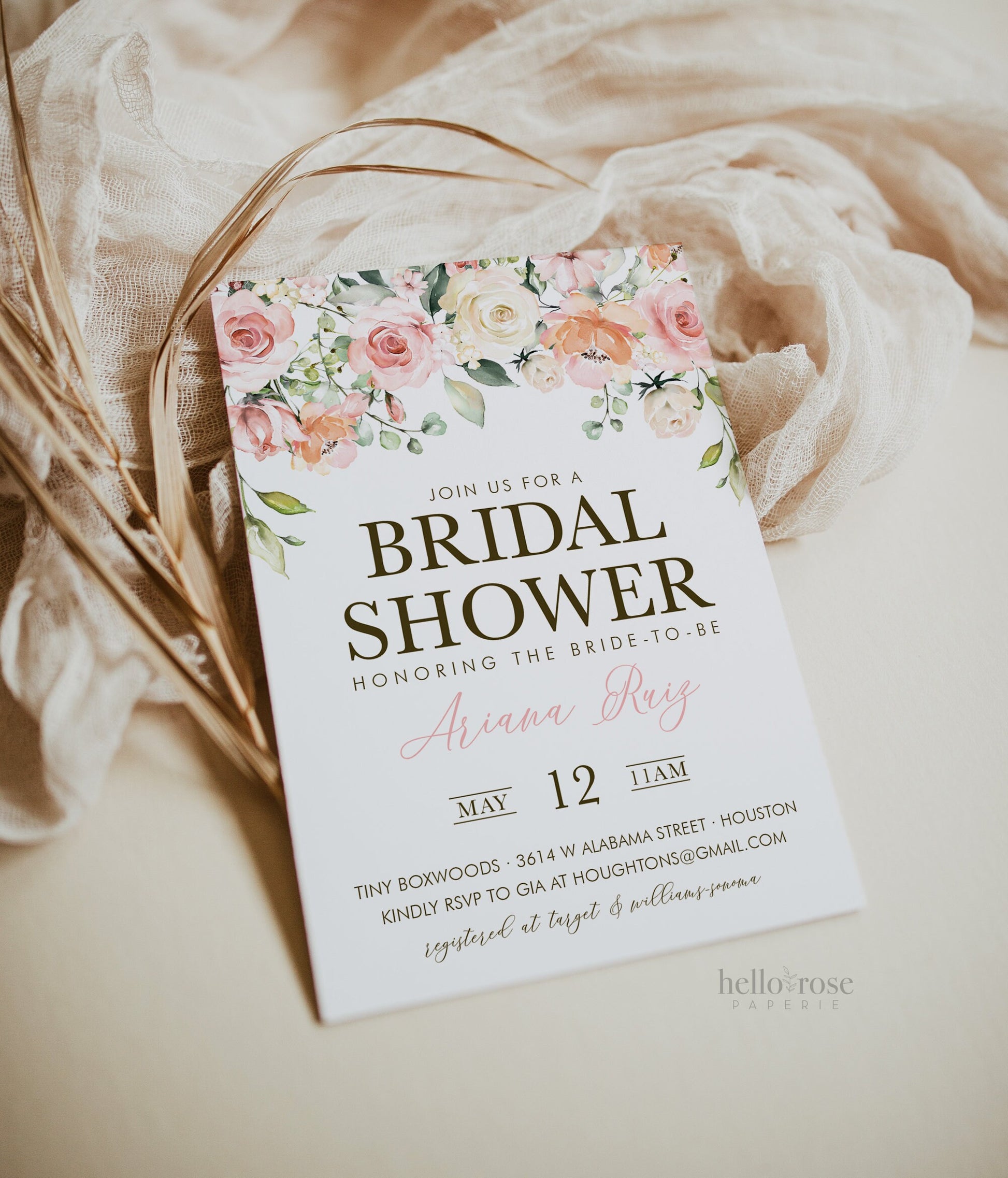 Bridal Shower Printable Invitation . Blush Pink Floral Eucalyptus Greenery. Baby Shower Bachelorette Hens Party . Digital Download