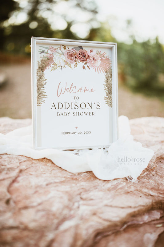 Baby Shower Welcome Sign Personalized Template . Pink Boho Pampas . PRINTABLE Editable Welcome Poster . Instant Download Templett Template