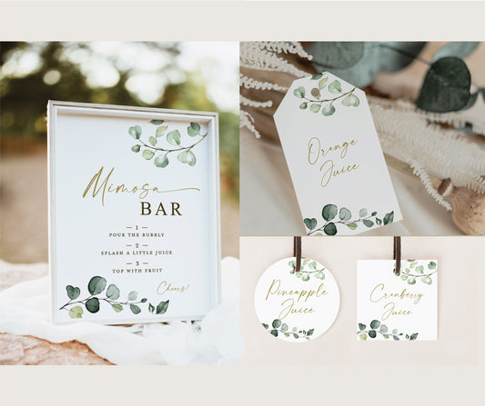 Mimosa Bar Sign + Mimosa Tags Template . Bridal Baby Shower . Greenery Gold . PRINTABLE Editable Template . Instant Download Templett G2-T