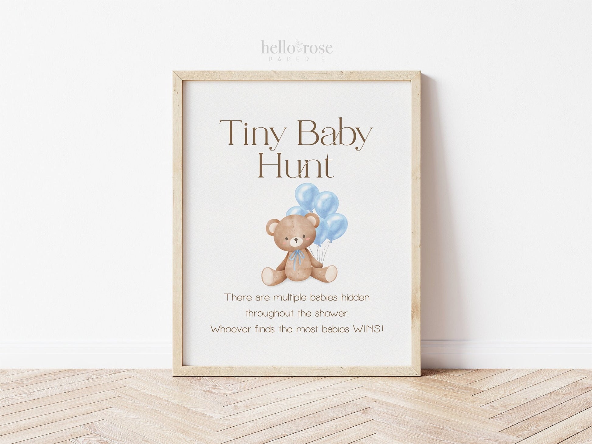 Tiny Baby Hunt Teddy Bear with Blue Bow and Balloons Printable Game Sign . Boy Baby Shower . We Can Bearly Wait . 8x10 Instant Download