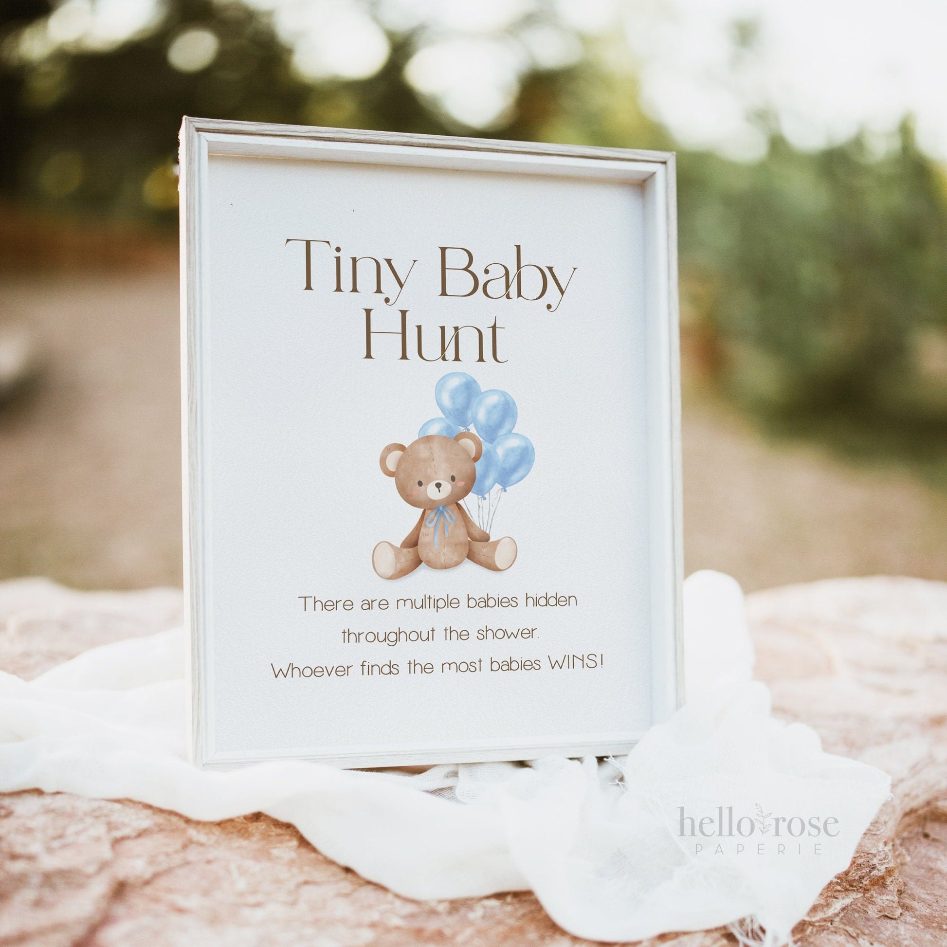 Tiny Baby Hunt Teddy Bear with Blue Bow and Balloons Printable Game Sign . Boy Baby Shower . We Can Bearly Wait . 8x10 Instant Download