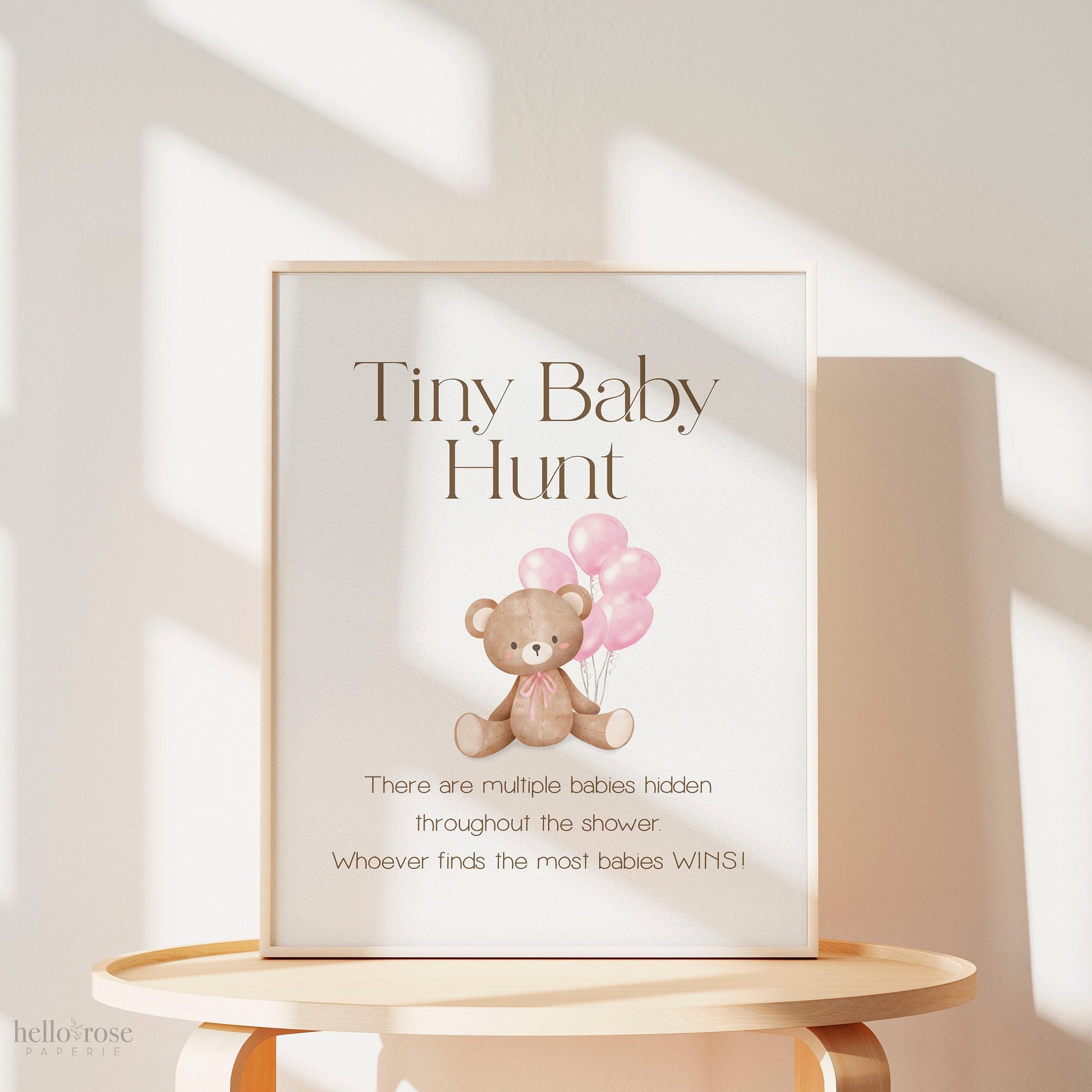 Tiny Baby Hunt Teddy Bear with Pink Balloons Printable Game Sign . Girl Baby Shower . We Can Bearly Wait . 8x10 Instant Download