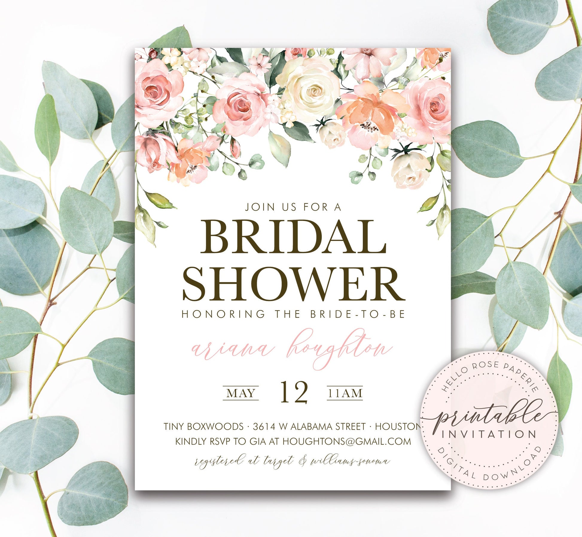 Bridal Shower Printable Invitation . Blush Pink Floral Eucalyptus Greenery. Baby Shower Bachelorette Hens Party . Digital Download