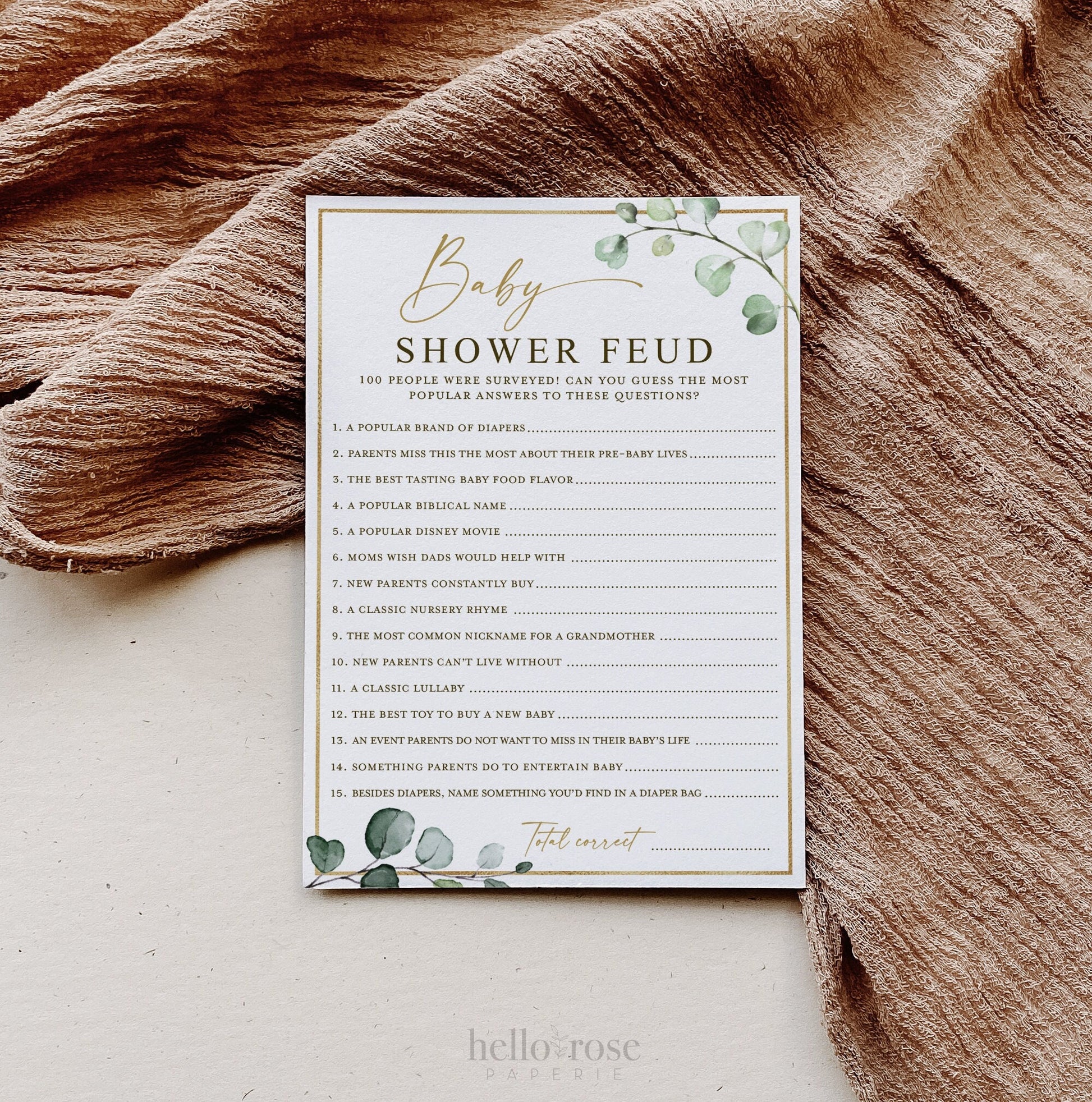 Baby Shower Feud Printable Baby Shower Game . Greenery and Gold . Fun Baby Shower Game . Sip and See Gender Reveal . Instant Download . G2